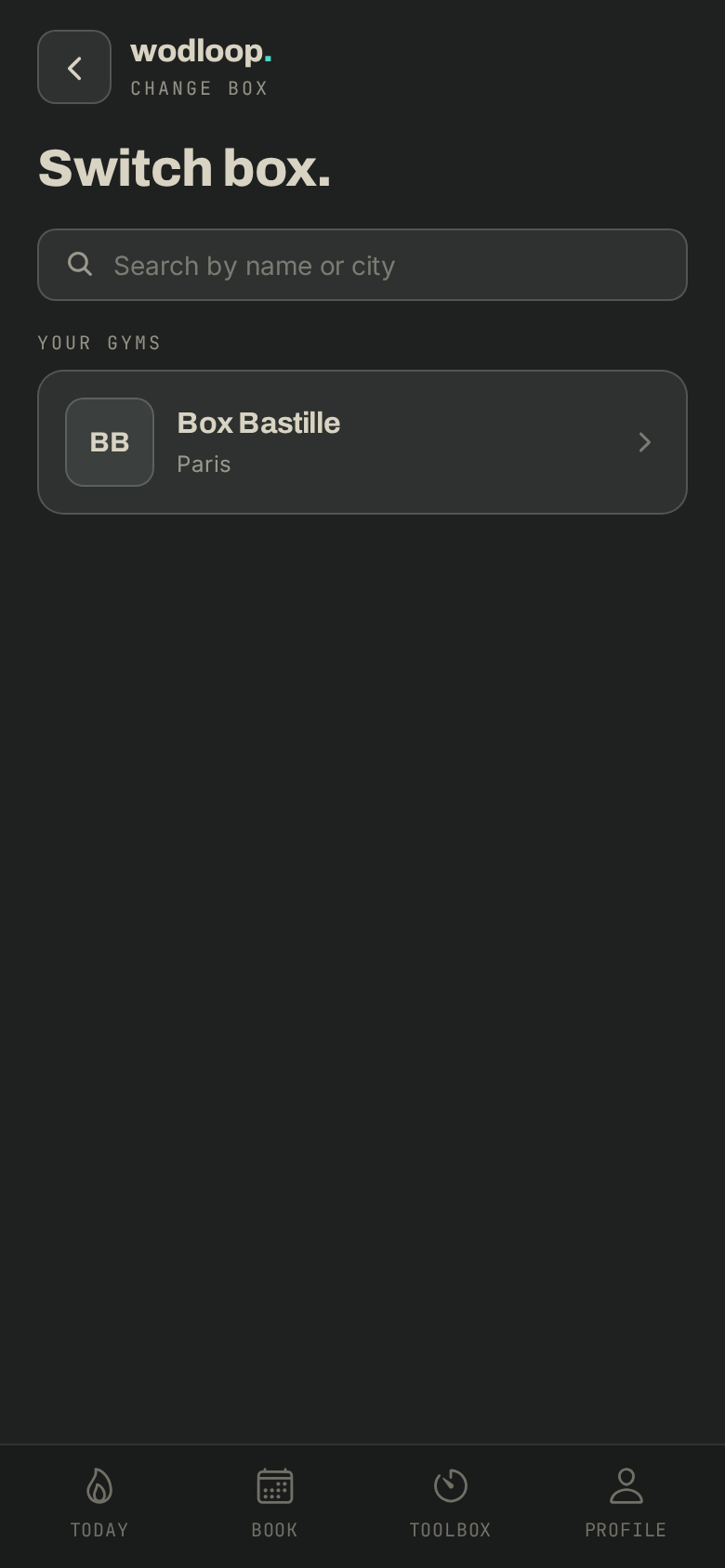 The app's Switch box screen: your boxes, and a search for any other