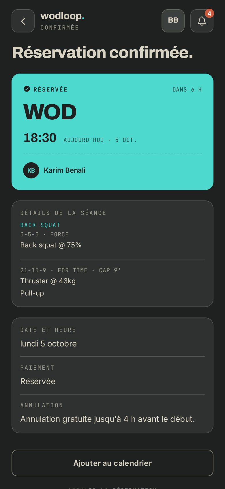 Une séance réservée dans l'app avec le WOD du jour, bloc par bloc