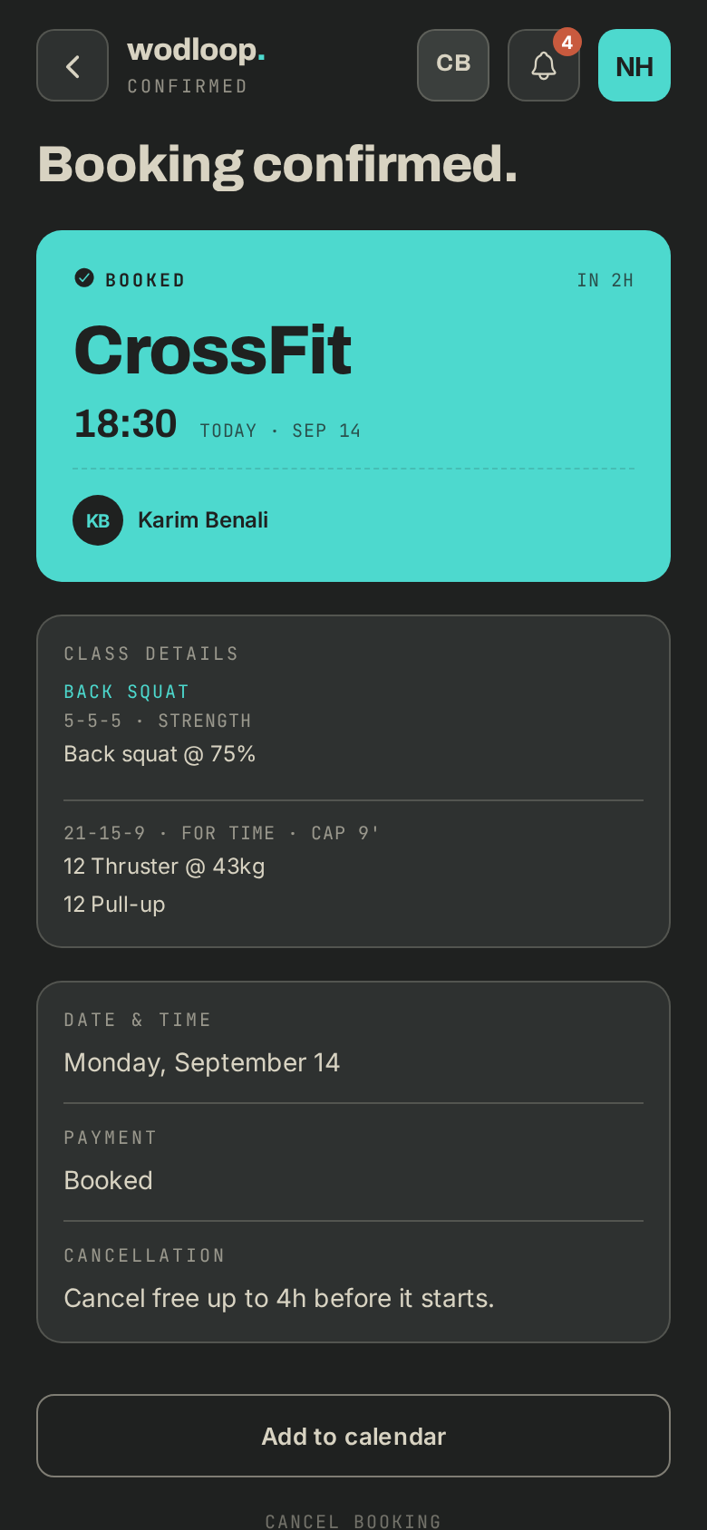 A booked class in the app with the day's WOD, block by block