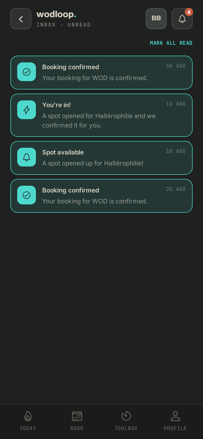 The app's inbox: a spot opened up, then you're in