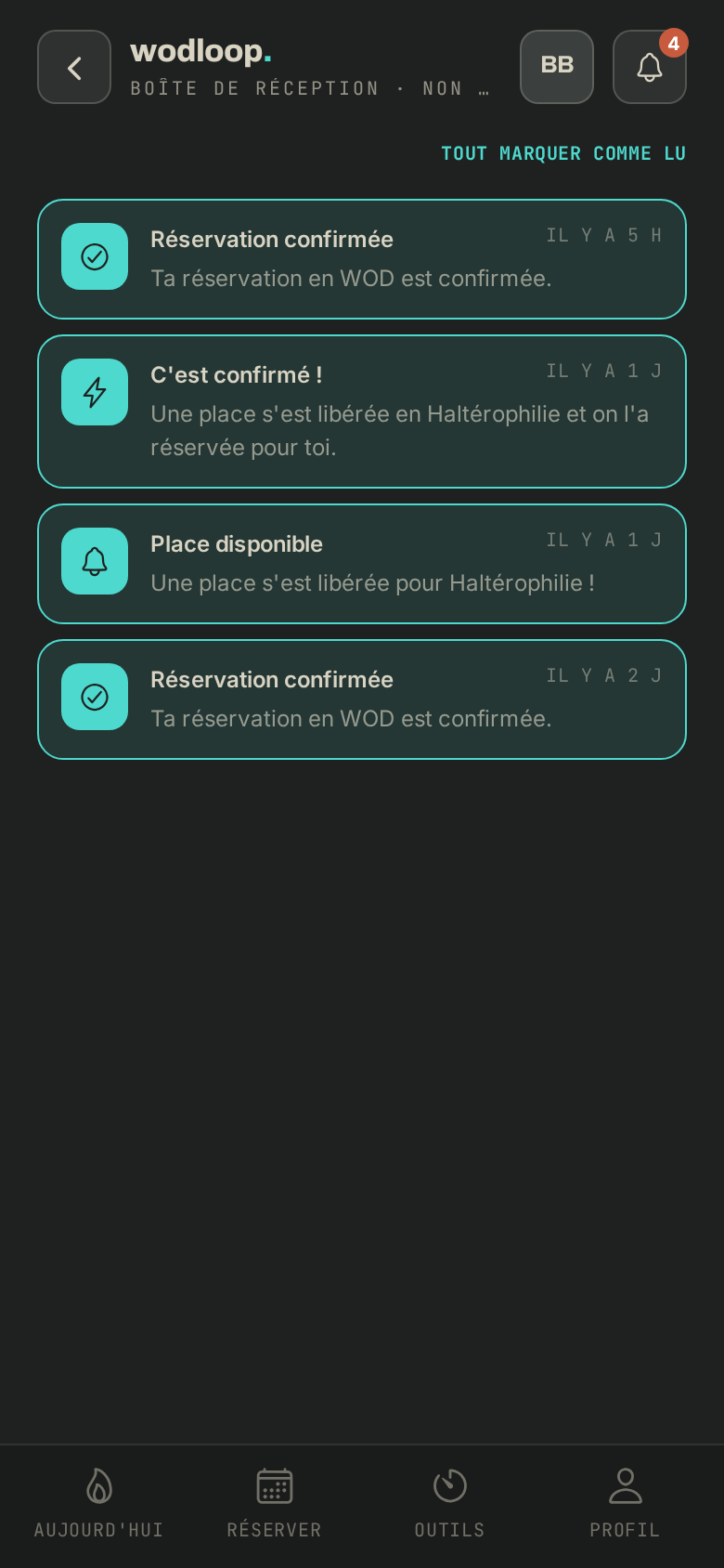 La boîte de réception de l'app : une place s'est libérée, puis tu es dedans