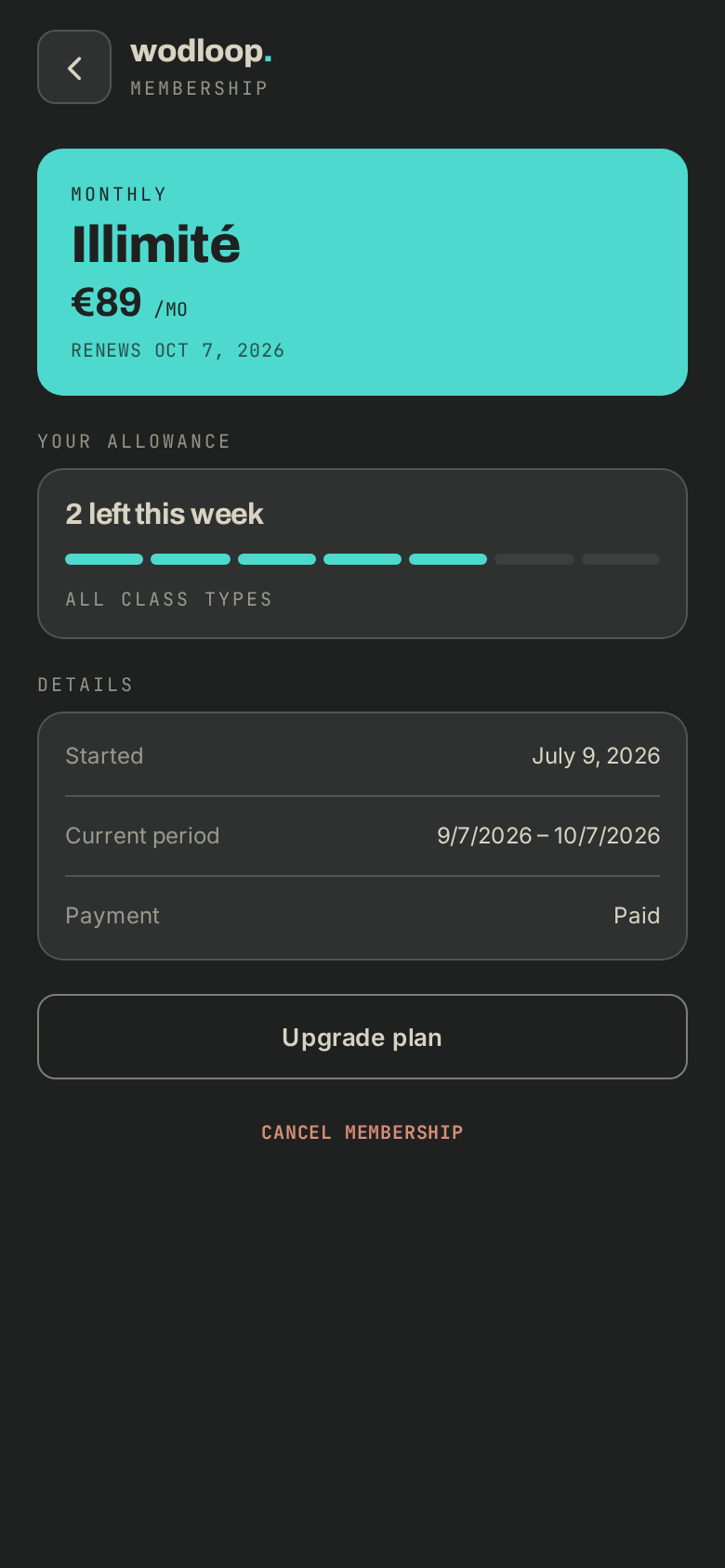 The app's membership screen: plan, what's left this week, renewal date