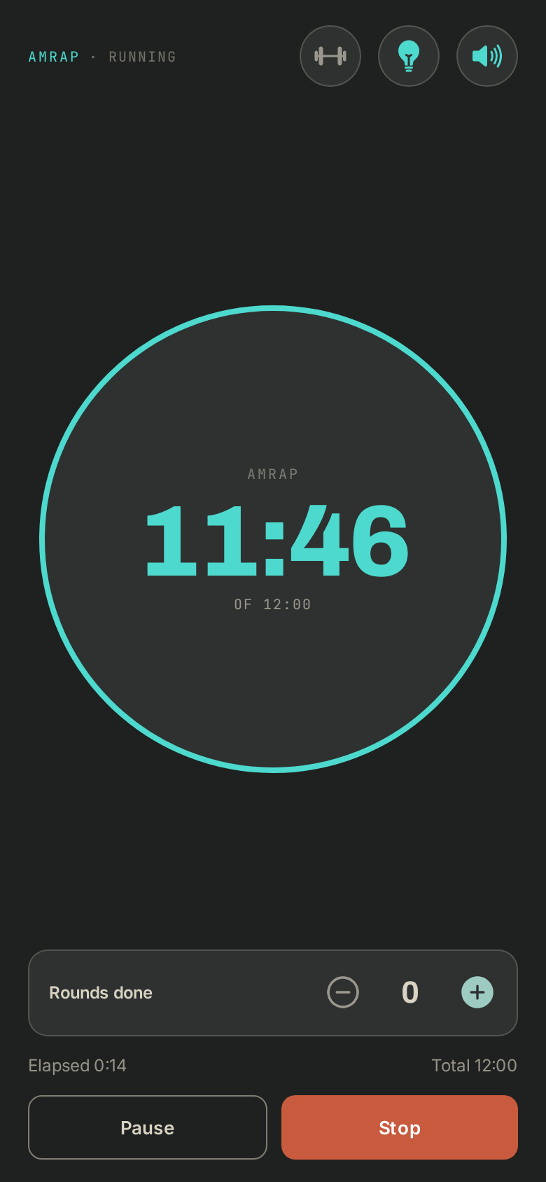 The app's AMRAP timer running