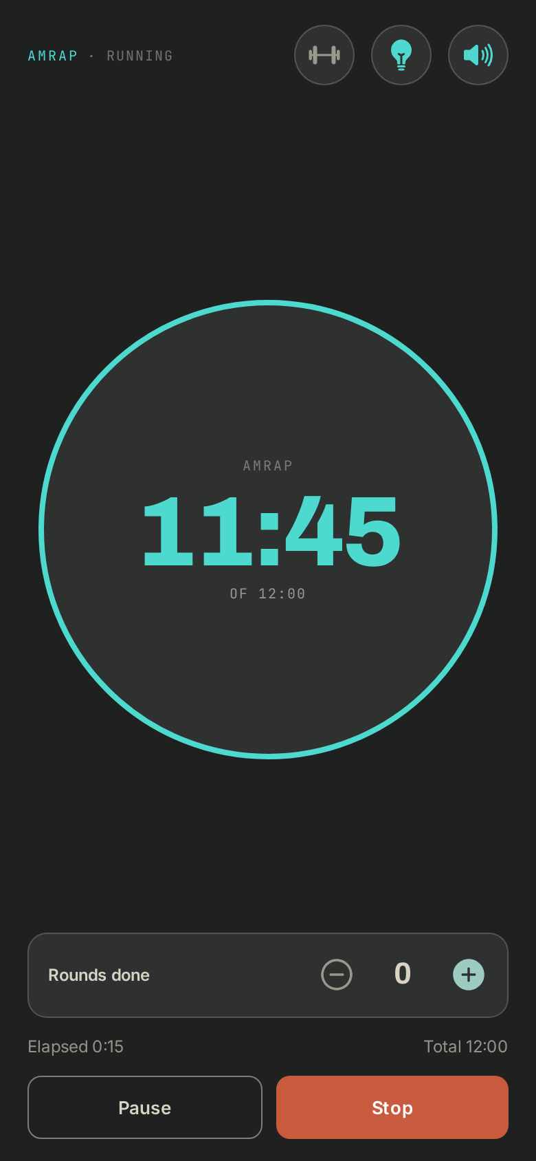 The app's AMRAP timer running
