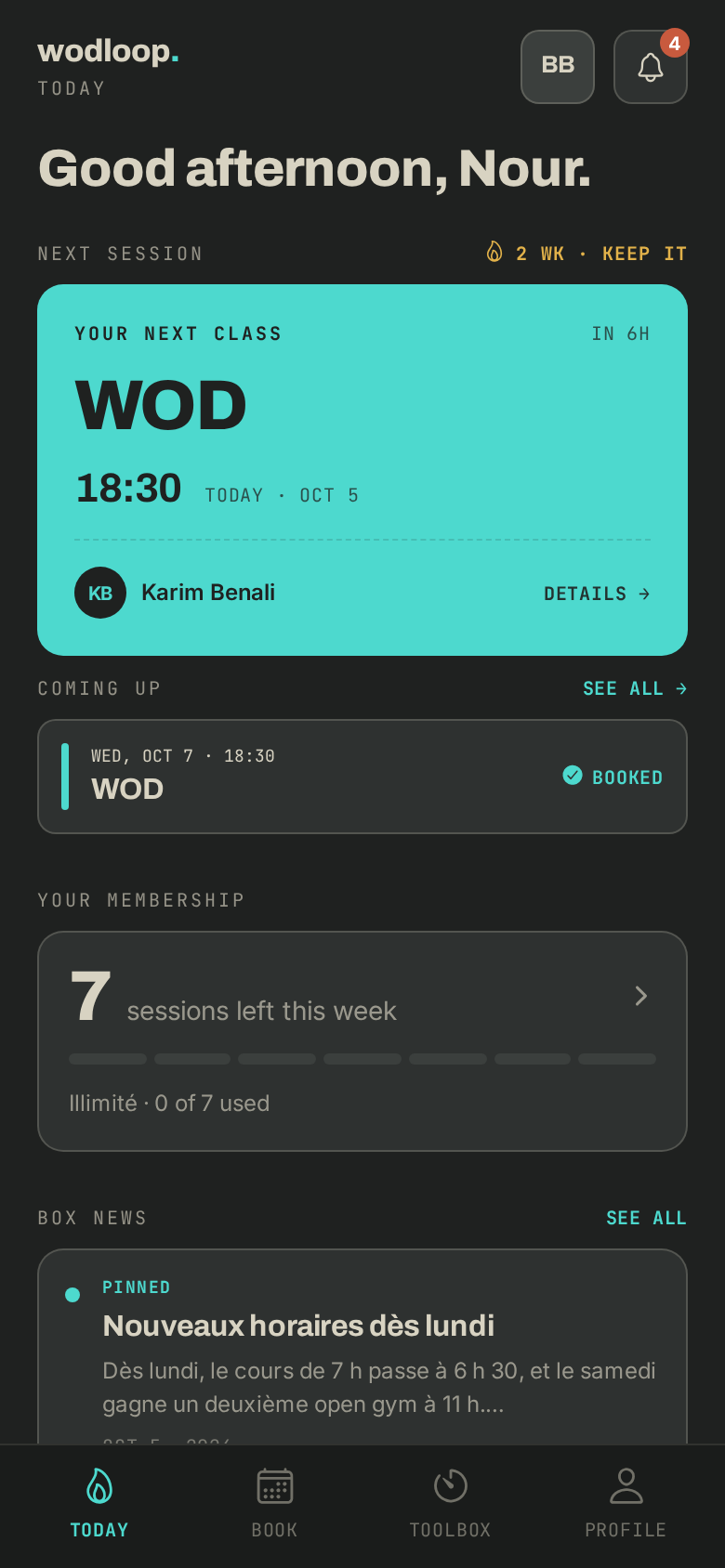 The app's Today screen: the next class, booked, and what's left this week