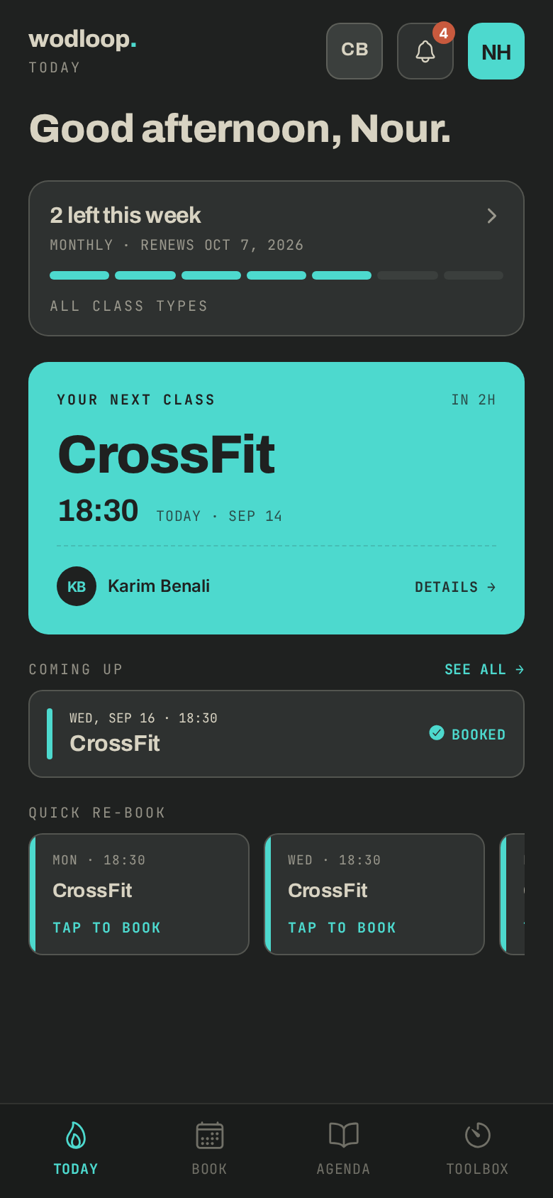 The app's Today screen: the next class, booked, and what's left this week