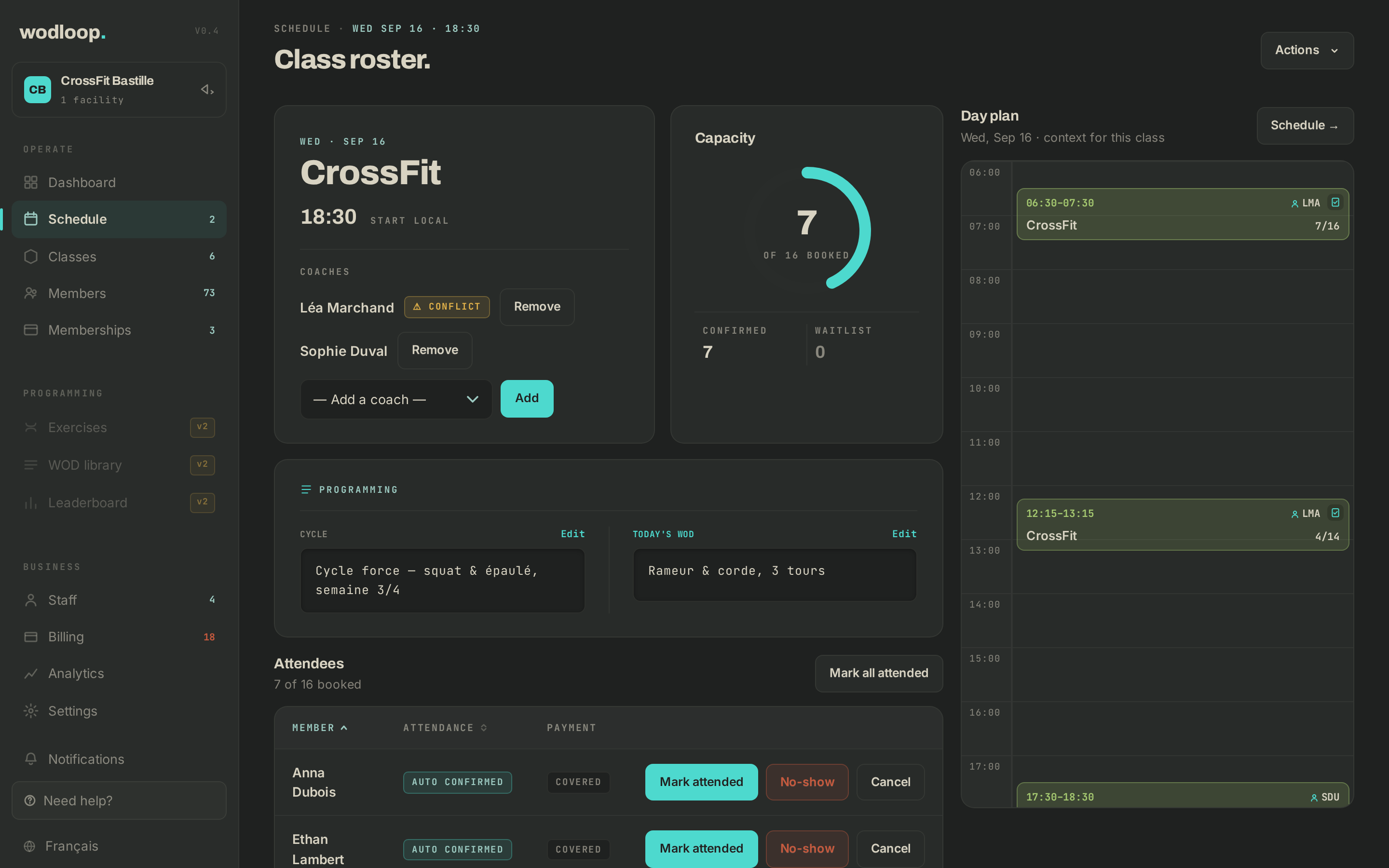 A class detail with a coach flagged CONFLICT — assigned outside her availability