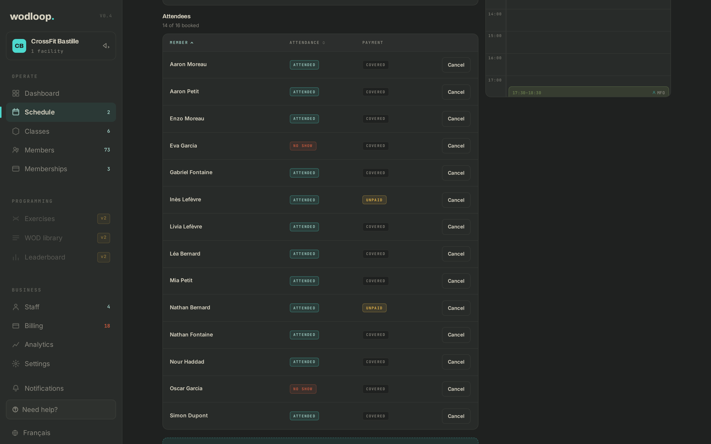 A class roster with attendance marked, one no-show among them