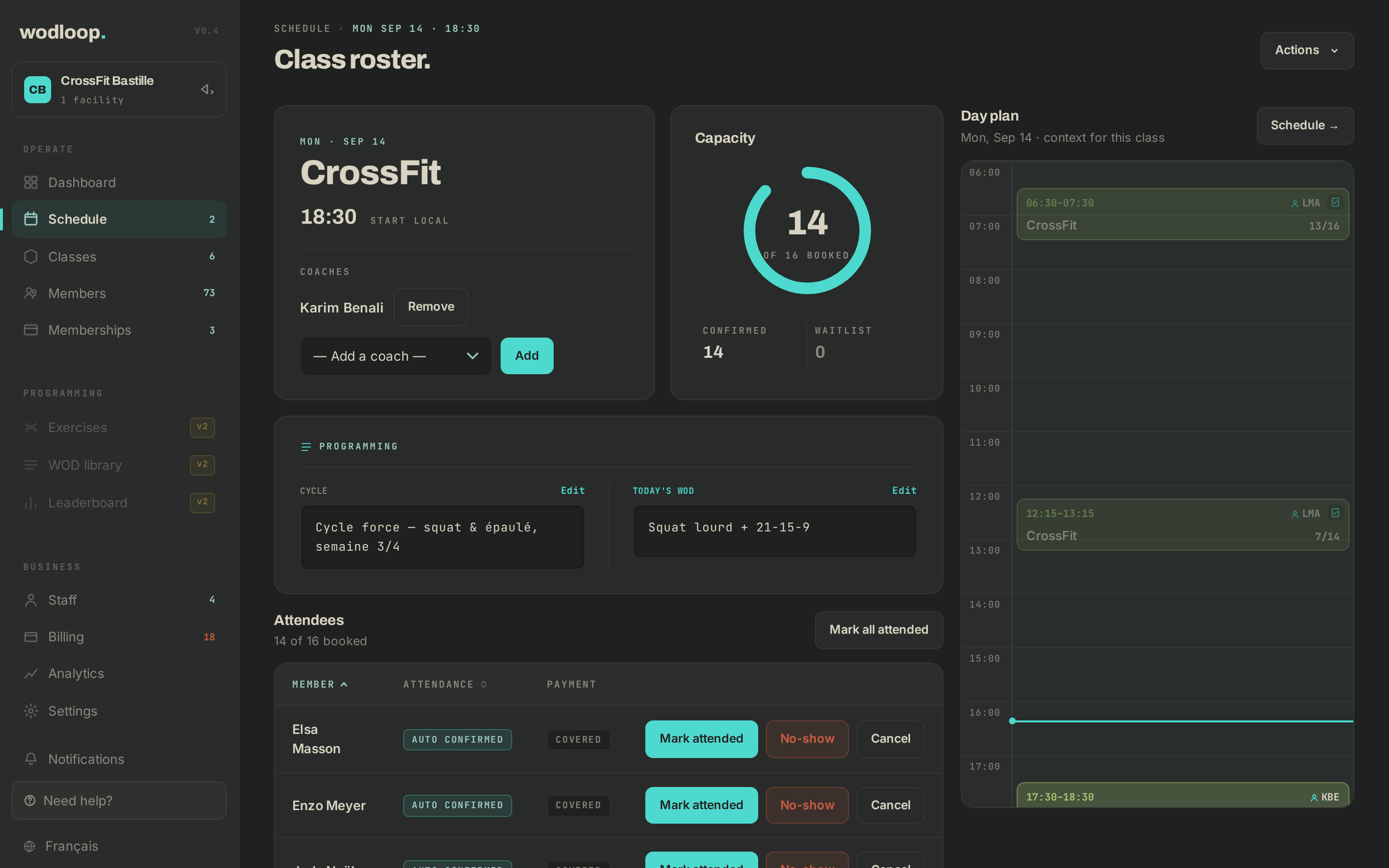 A class detail showing the running cycle and the day's WOD