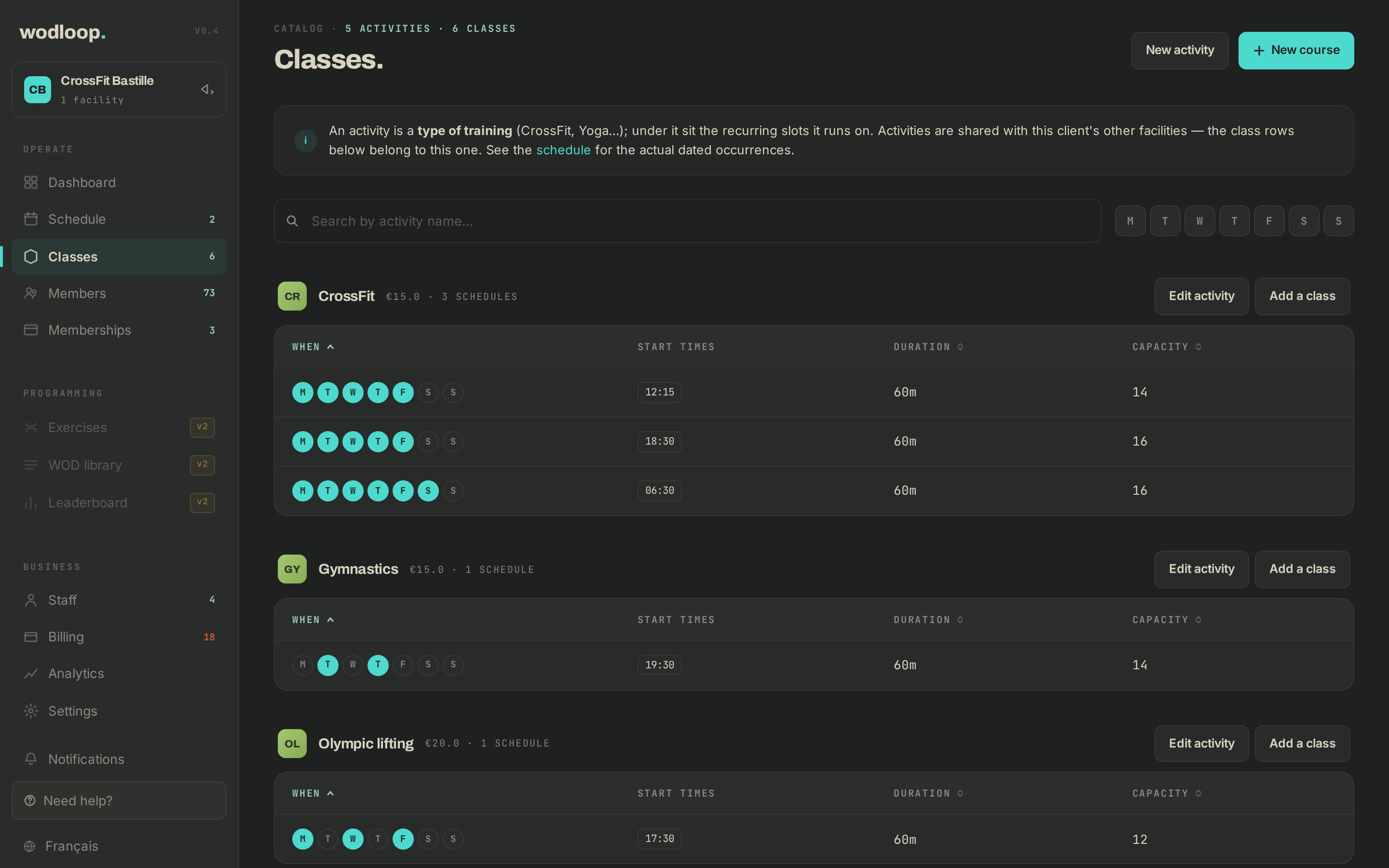 The classes list: each recurring class with its days, time and capacity