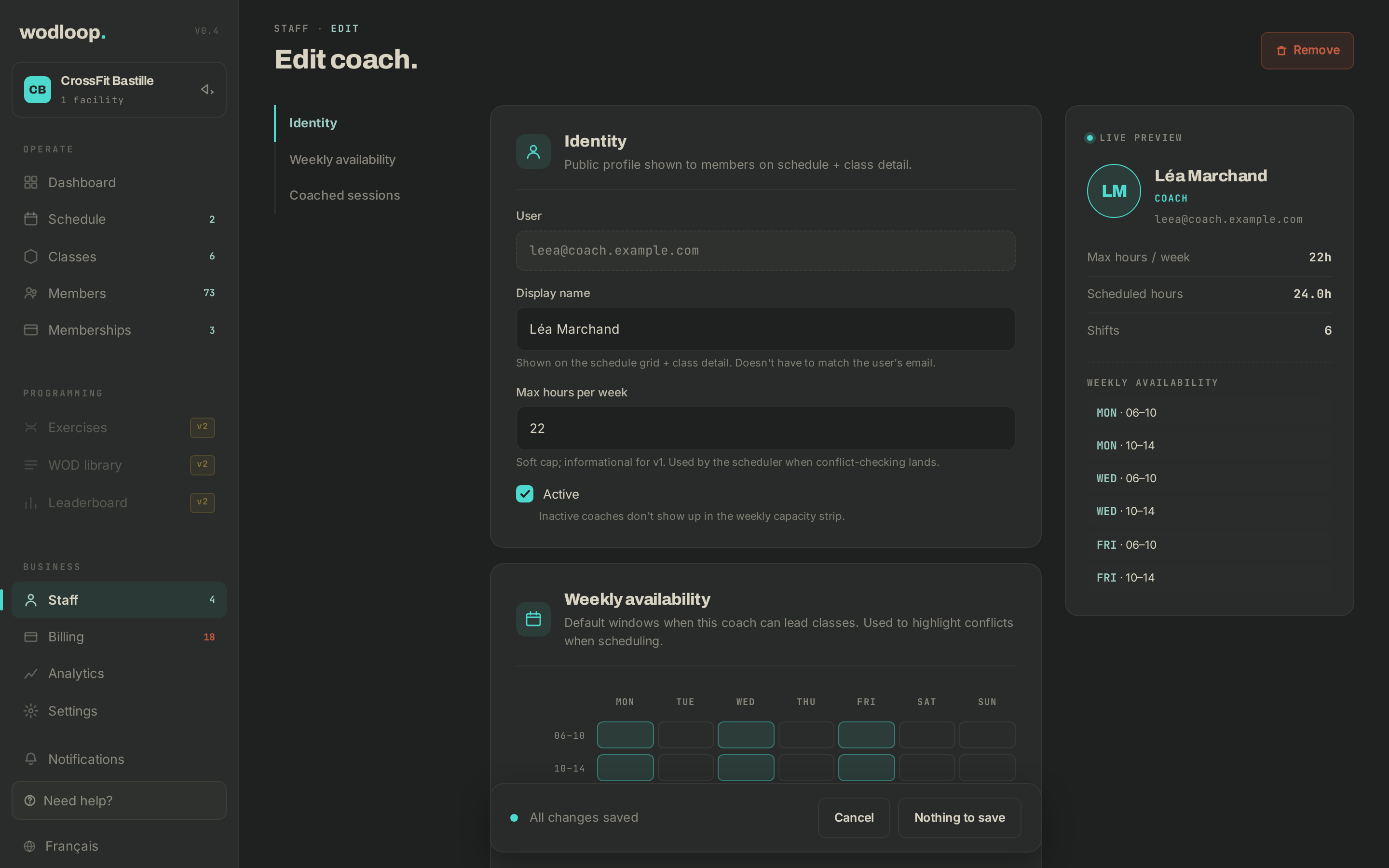 A coach's form with her weekly availability windows