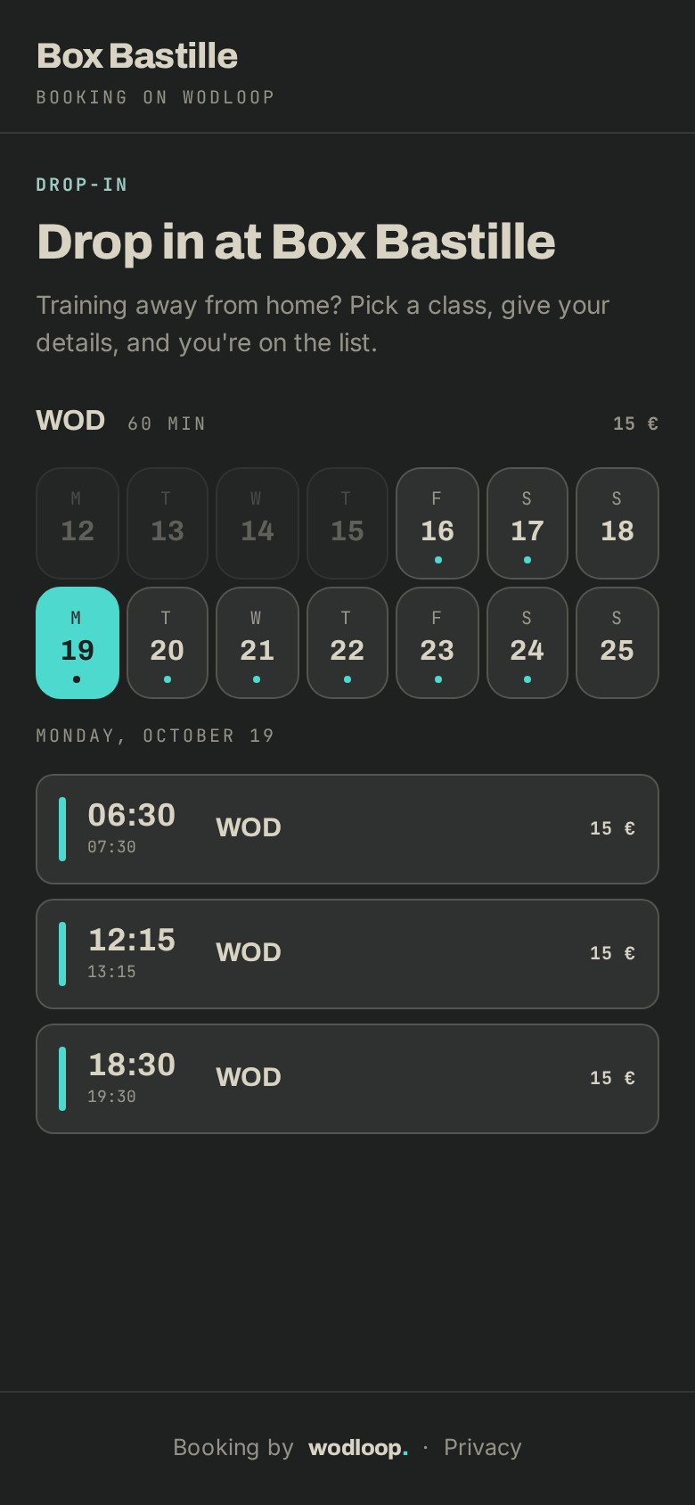 The drop-in page on a phone, with the class price