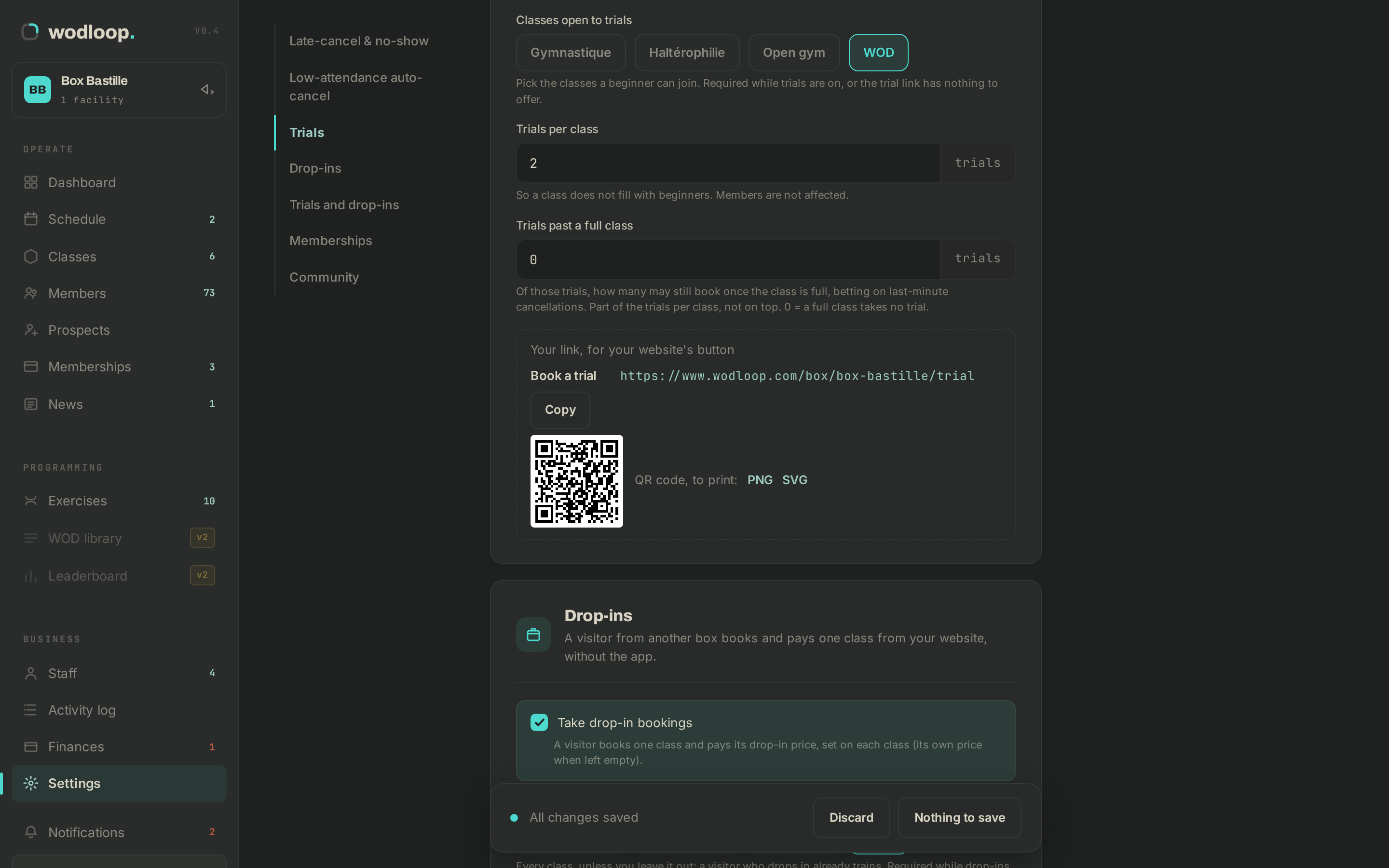 The trial link in settings, with its copy button and its QR code