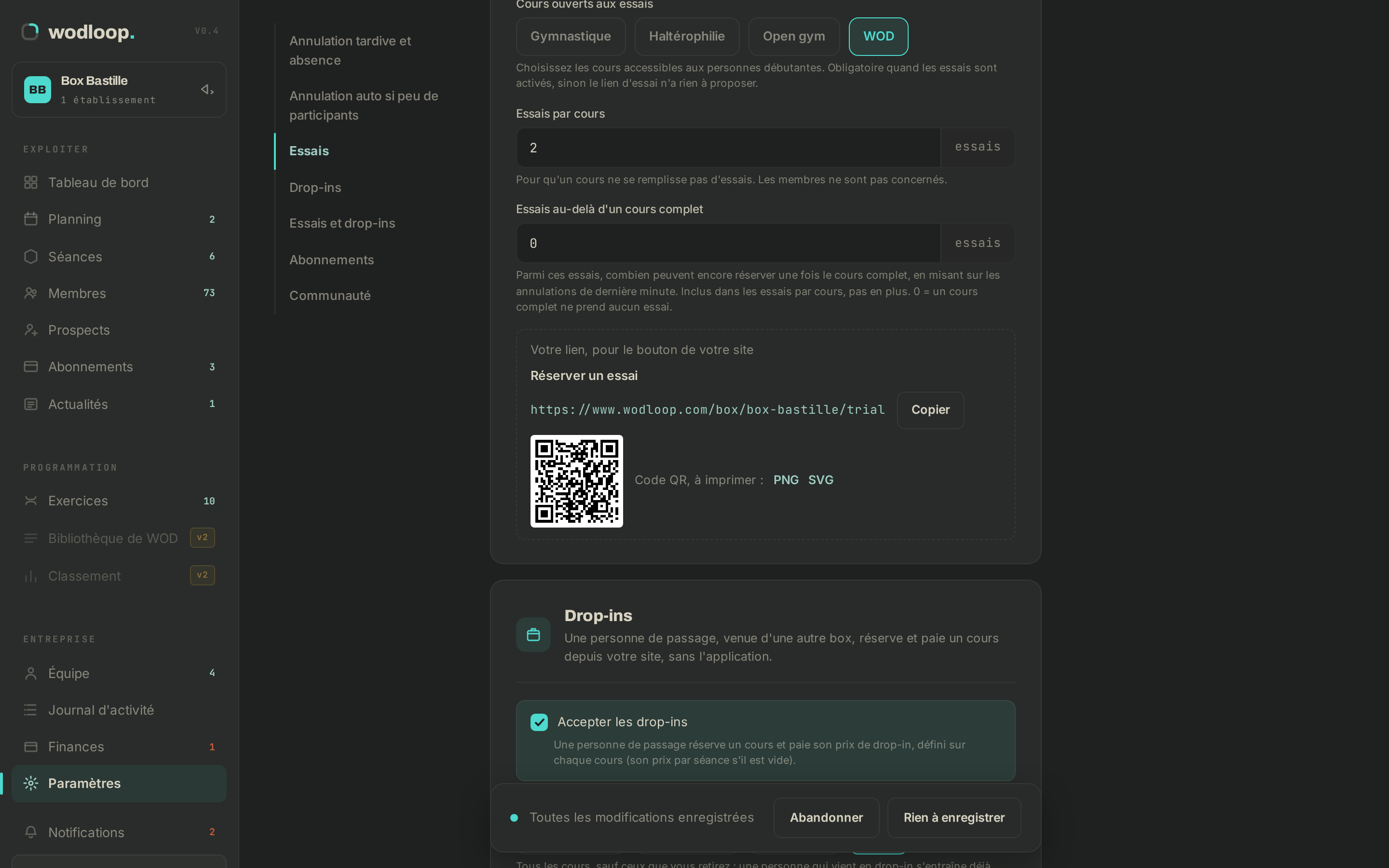 Le lien d'essai dans les réglages, avec son bouton copier et son QR code