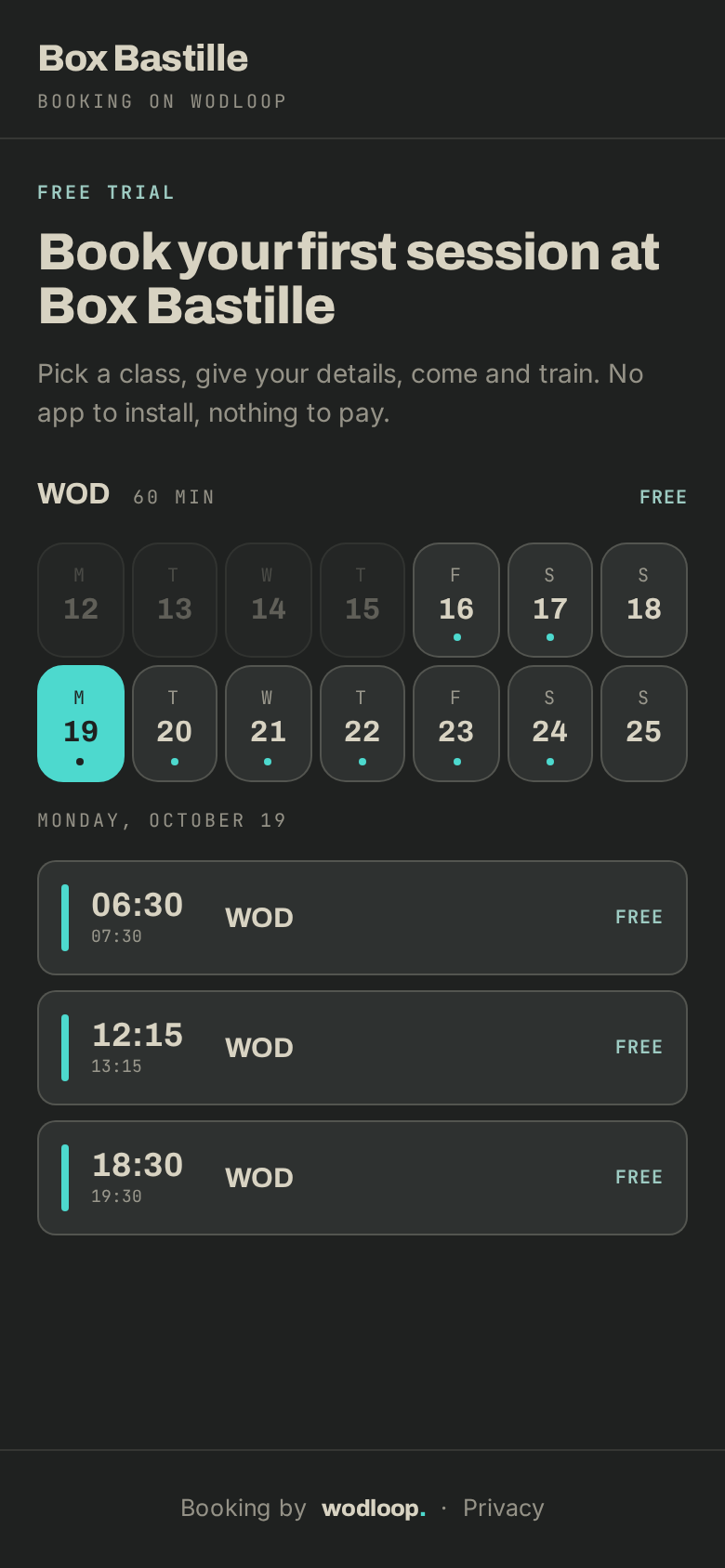 The box's trial page on a phone: pick a class, then a day