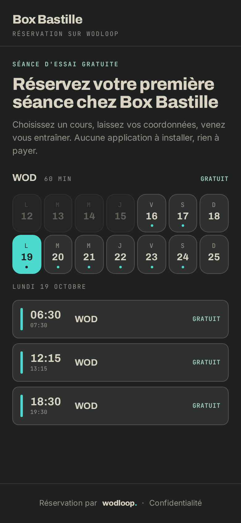 La page d'essai de la box sur un téléphone : choisir un jour, puis un cours