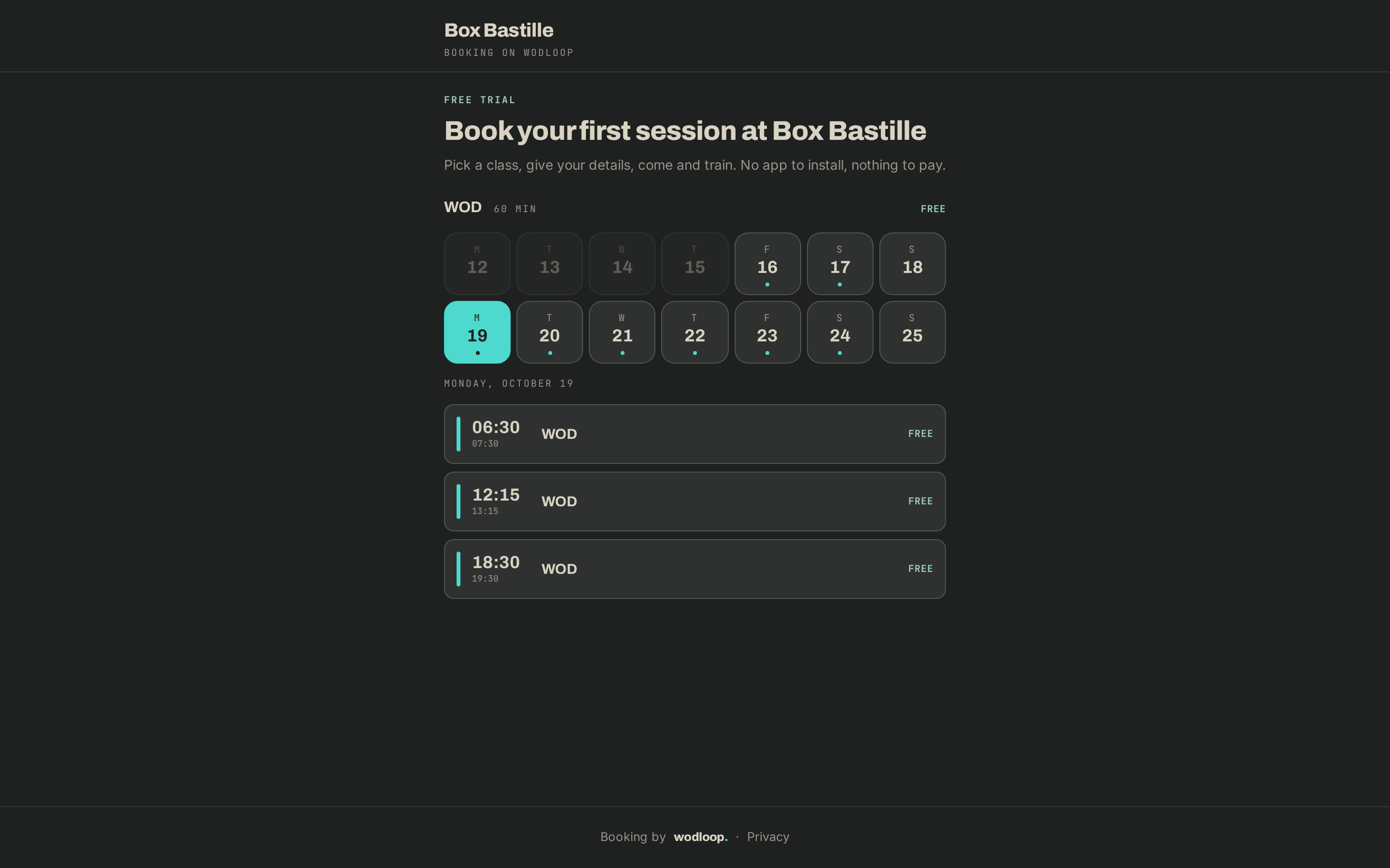 A box's trial page in a web browser: the week's classes and the booking form