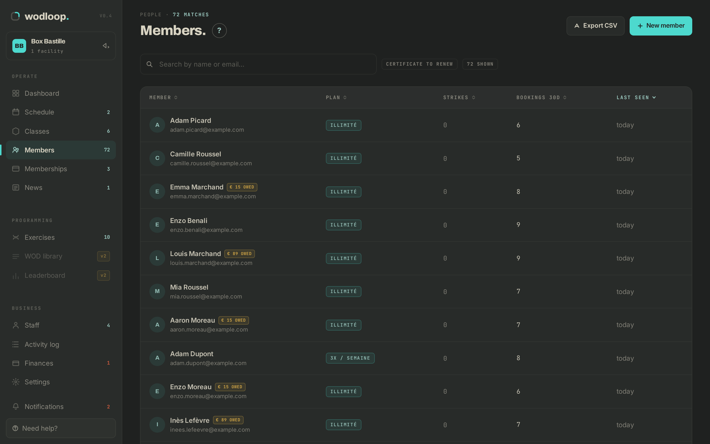 The members list in the Wodloop back-office