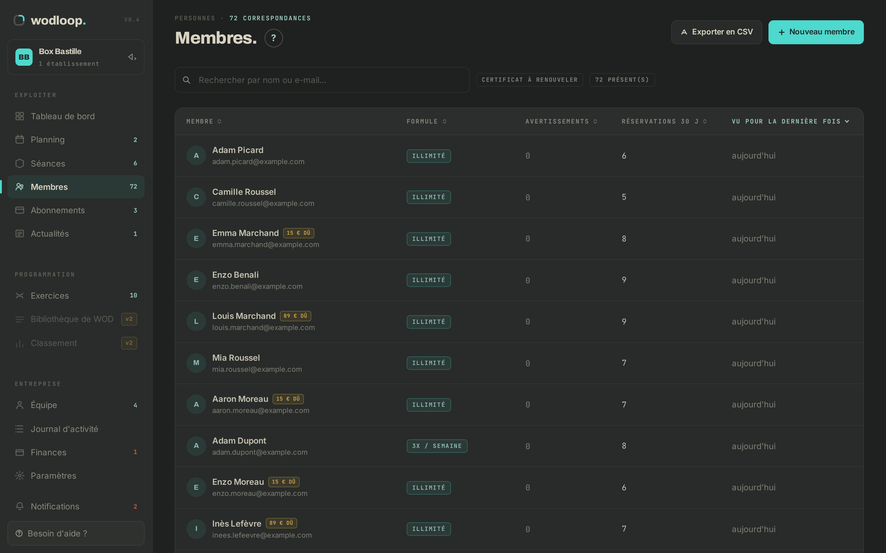 La liste des adhérents dans le back-office Wodloop