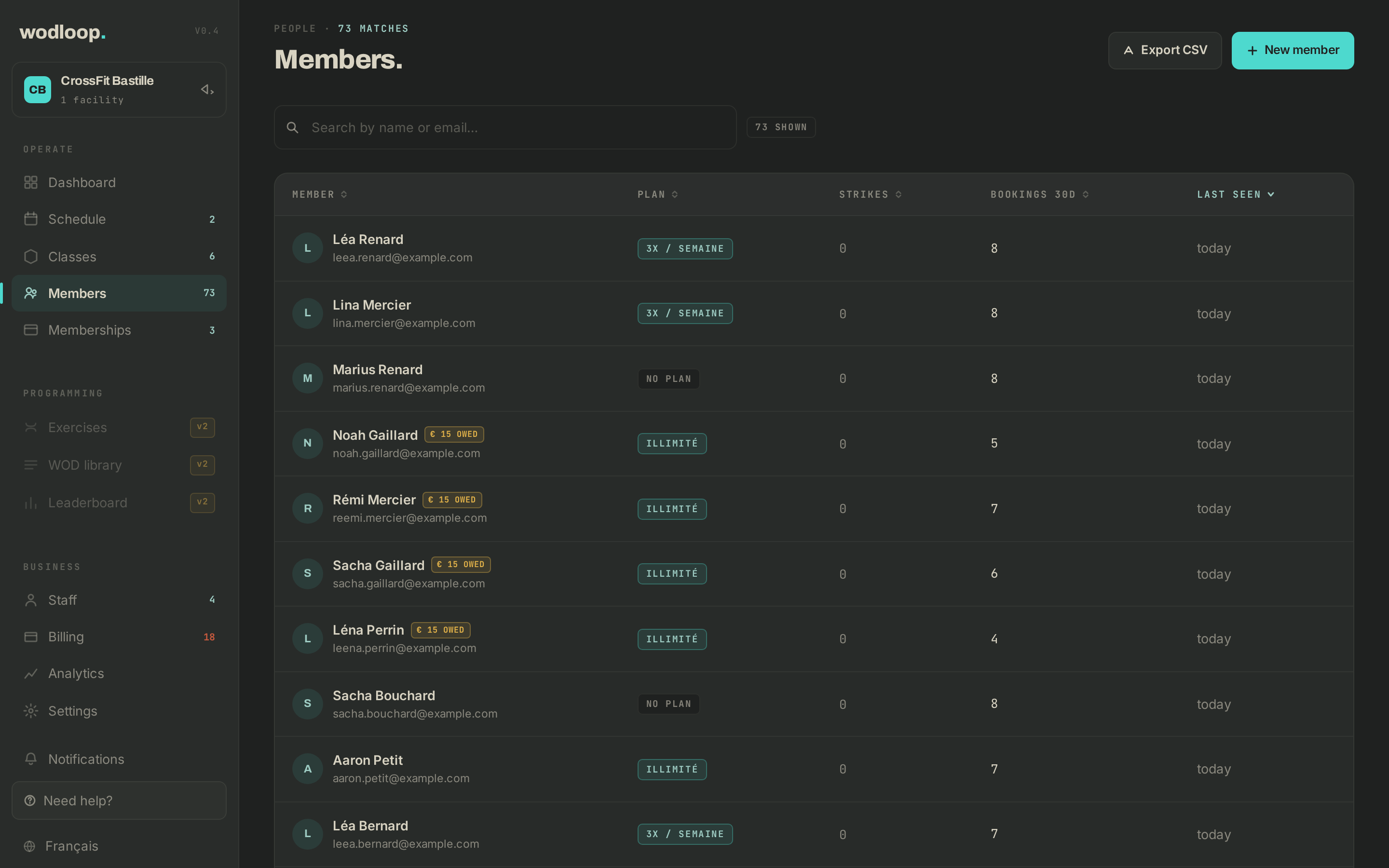 The members list in the Wodloop back-office