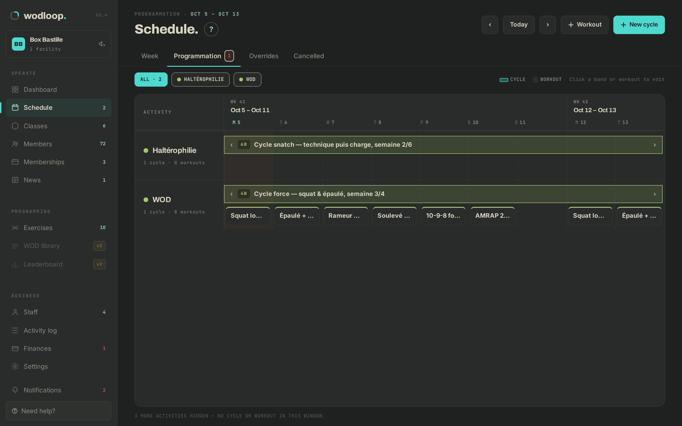 The programming view with the week's WODs