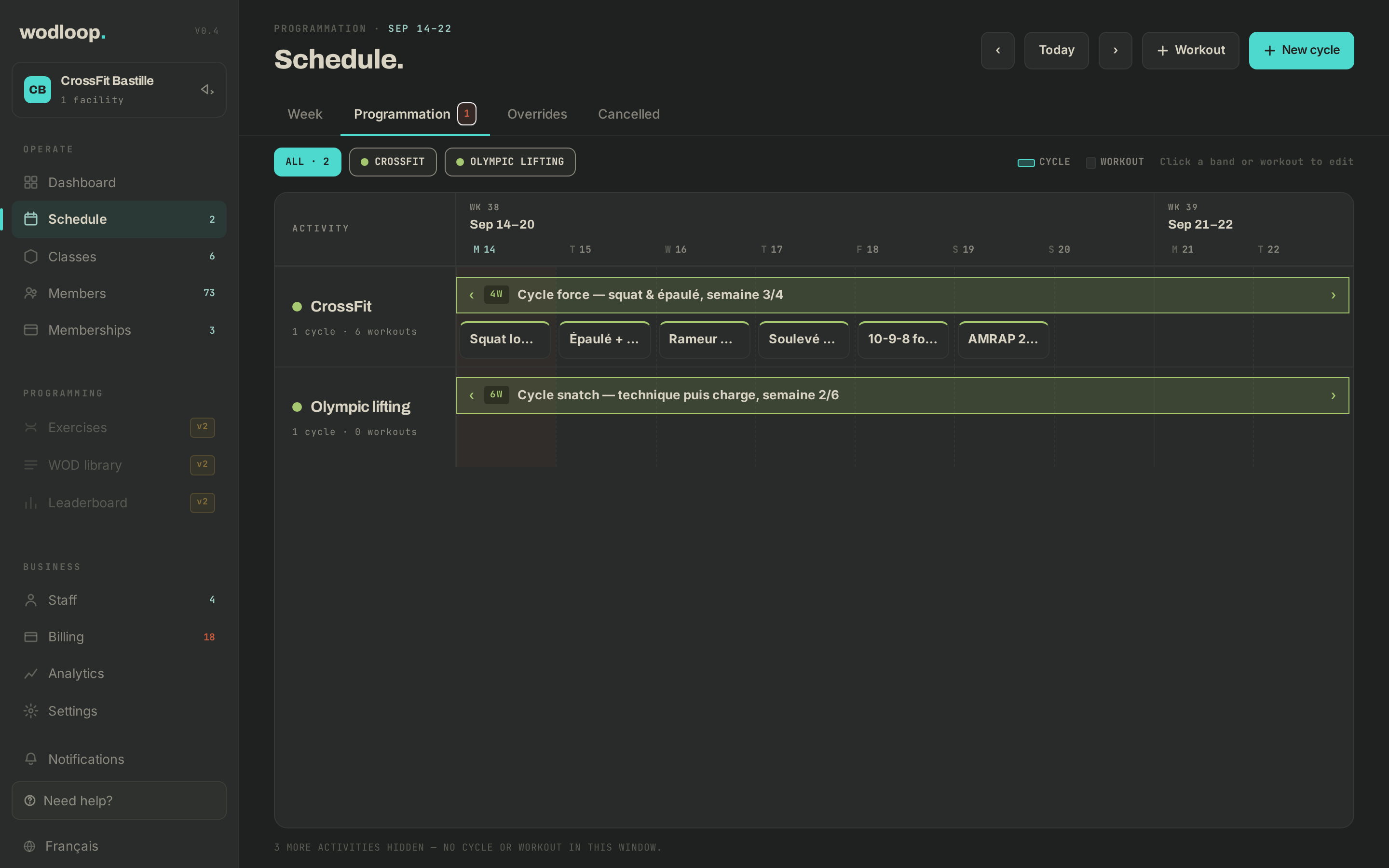 The programming view with the week's WODs