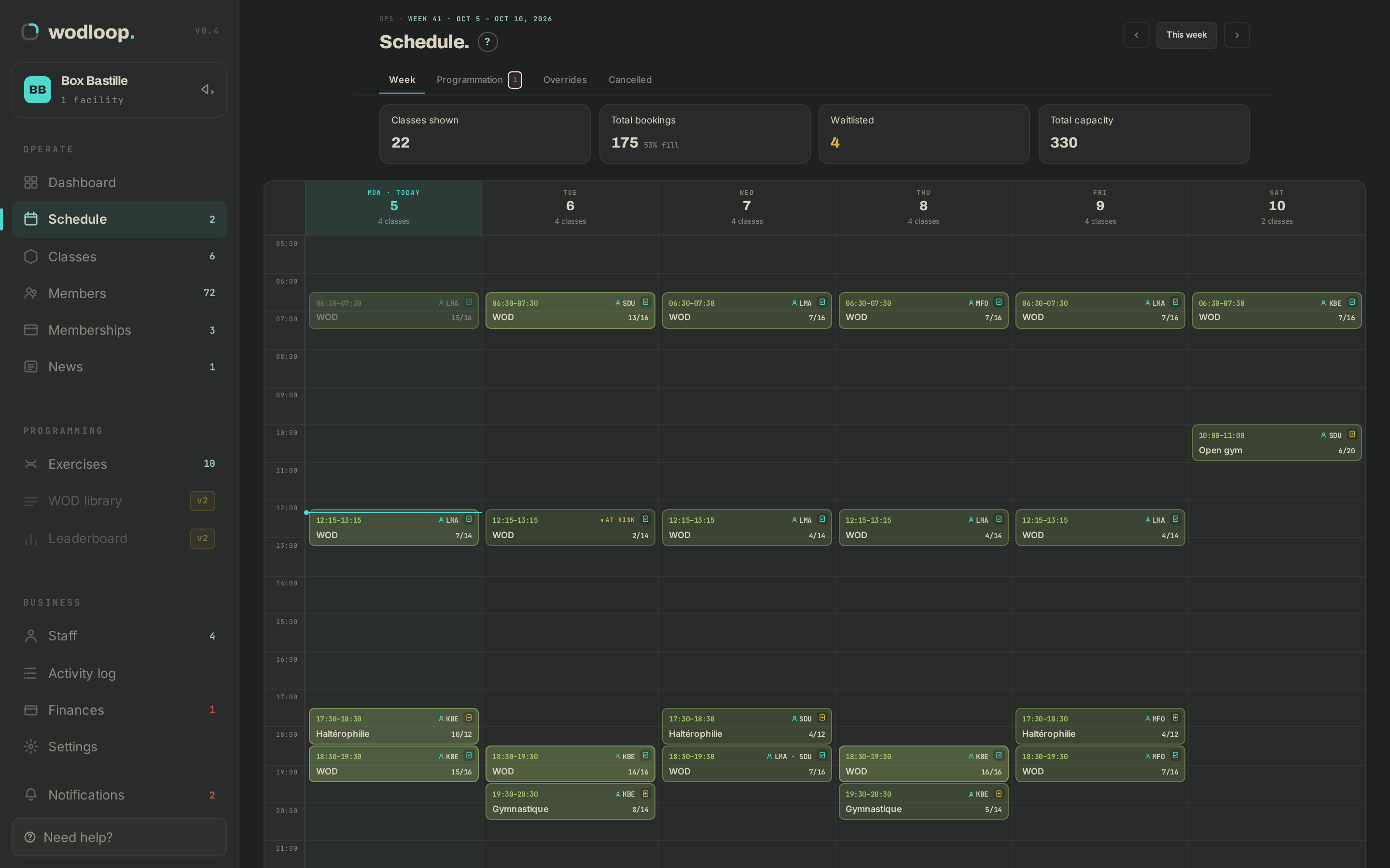 The week view of the schedule in the Wodloop back-office