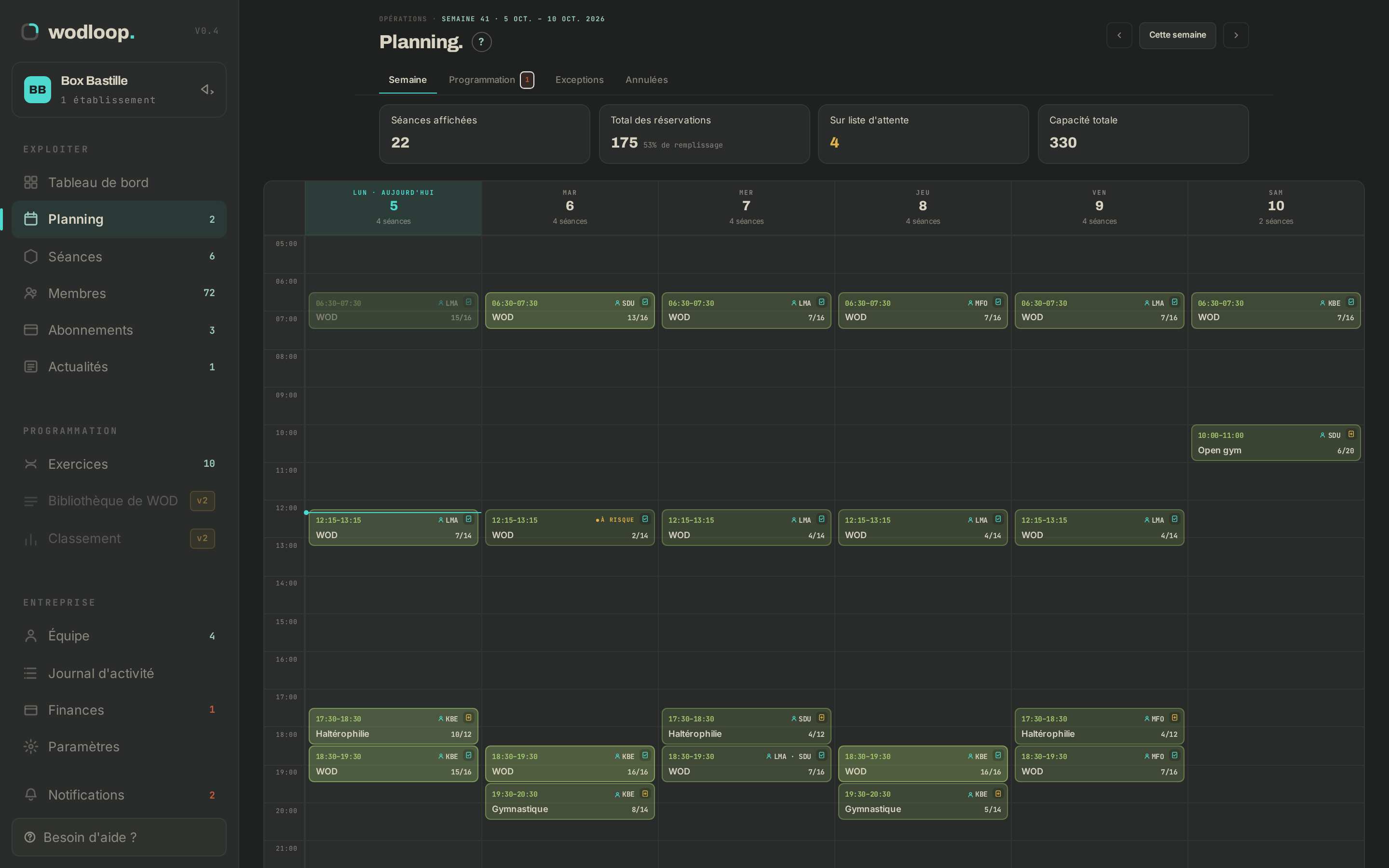 La vue semaine du planning dans le back-office Wodloop