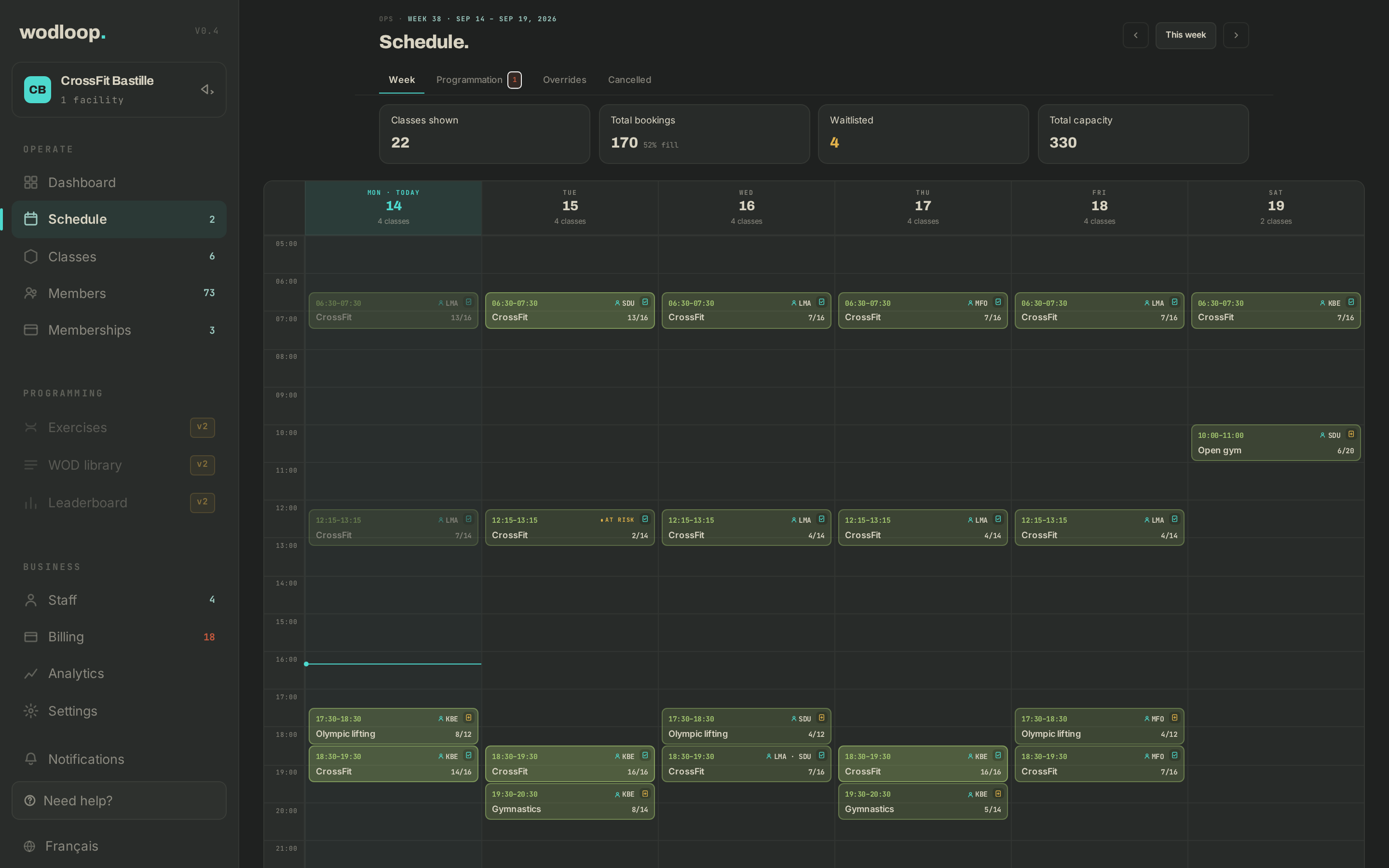 The week view of the schedule in the Wodloop back-office