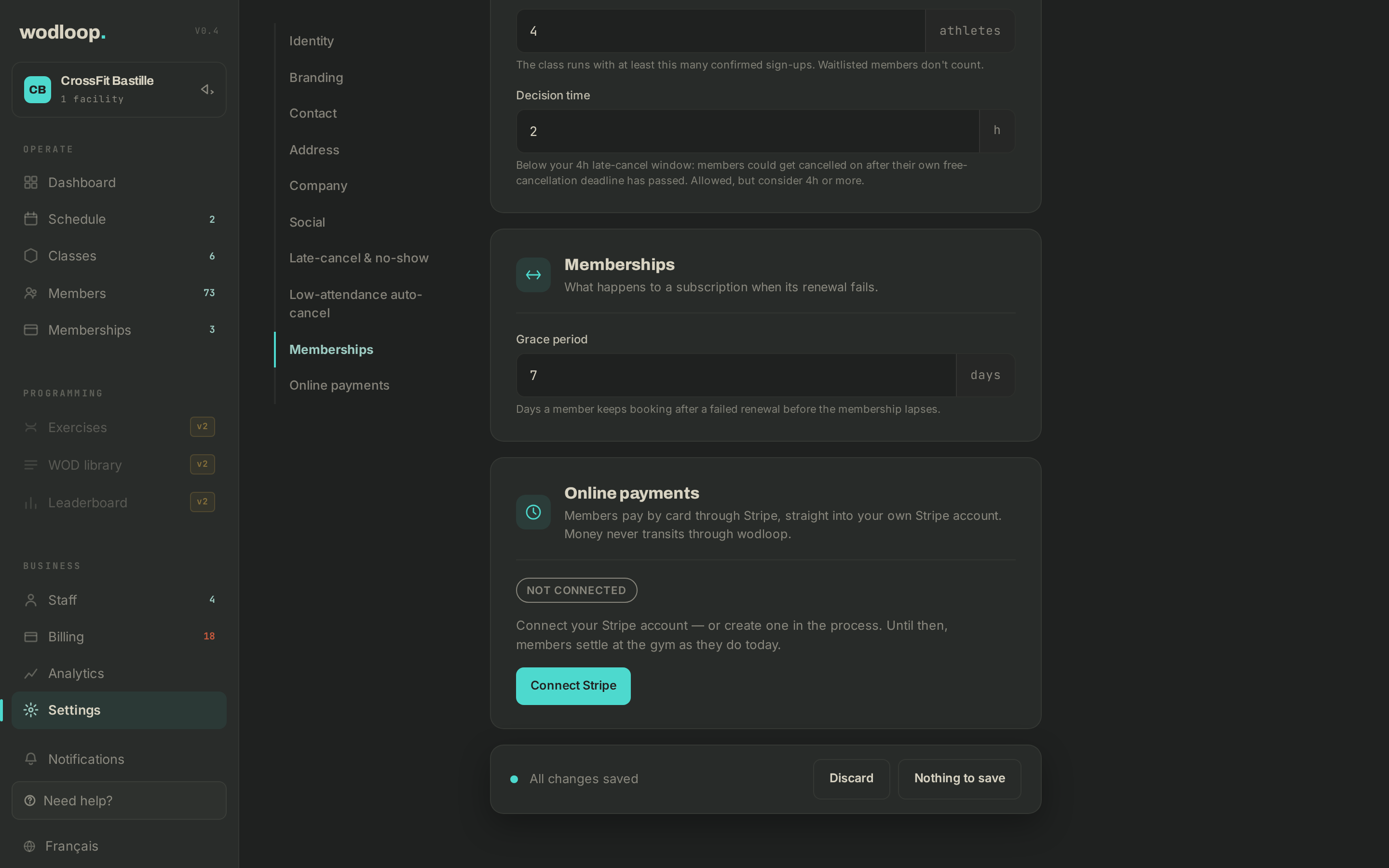 The Online payments setting: connect Stripe, or don't