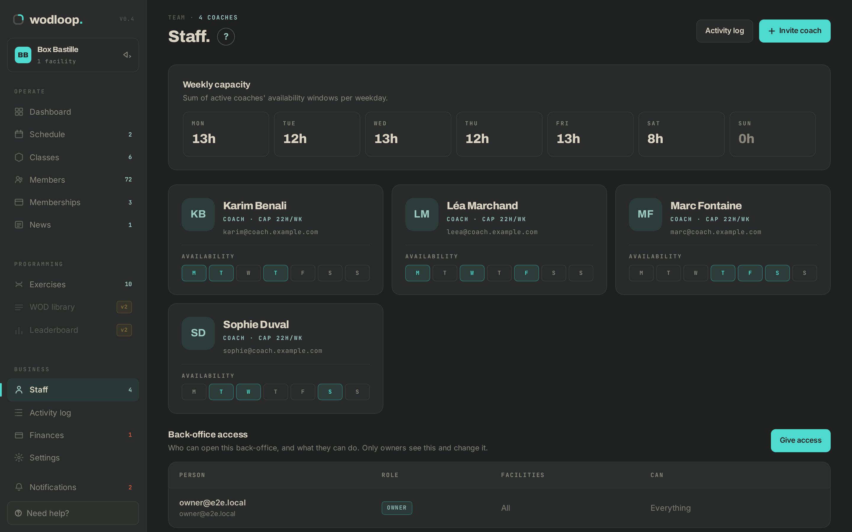 The staff page with coaches and their availability